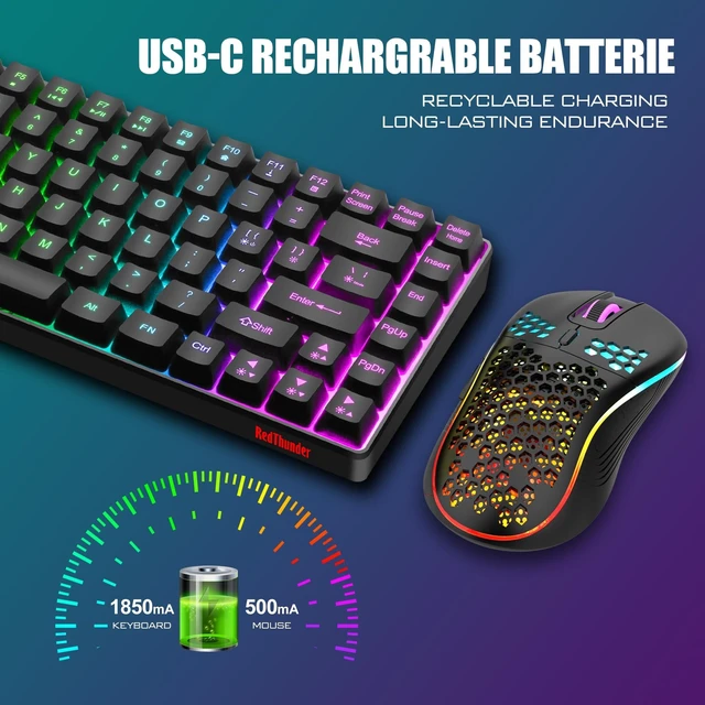 Alt view image 11 of 12 - Wireless Keyboard and Mouse Combo, Rainbow Backlit Rechargeable Battery, 75% Layout TKL Ultra Compact Gaming Keyboard & Lightweight 3200 DPI Honeycomb Optical Mouse (Black)