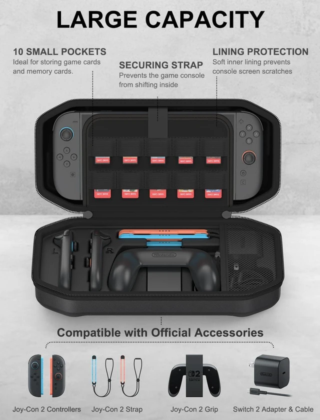 Alt view image 10 of 14 - Carrying Case for Nintendo Switch 2, Hard Shell Travel Case with Large Storage for Console & Accessories
