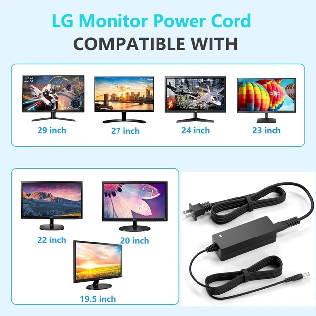 Alt view image 9 of 14 - Replacment for LG Monitor Power Cord 19V DC Power Supply for LG Electronics 27" 24" 23" 22" 20" 19" LCD LED HD TV Monitor Widescreen Power Adapter Cord
