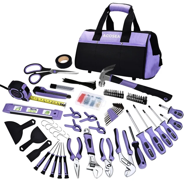 Alt view image 8 of 14 - Purple Tool Set,223-Piece Tool Sets for Women,Tool Kit with 13-Inch Wide Mouth Open Purple Tool Bag,The Basic Tool Set is Perfect for Home Maintenance (PURPLE)