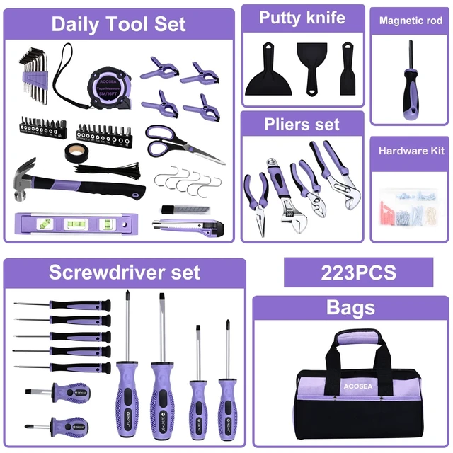 Alt view image 10 of 14 - Purple Tool Set,223-Piece Tool Sets for Women,Tool Kit with 13-Inch Wide Mouth Open Purple Tool Bag,The Basic Tool Set is Perfect for Home Maintenance (PURPLE)