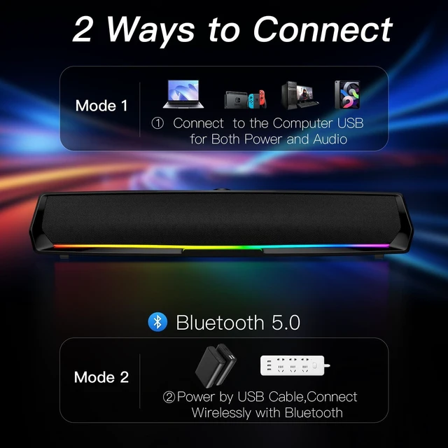 Alt view image 10 of 14 - Computer Speakers for Desktop,PC Speakers Gaming Sound bar with Colorful Light,USB Speaker With Bluetooth for PCs Desktop Laptop Tablets,Wired Bluetooth Speaker for Phones(Type-C Adapter Included)