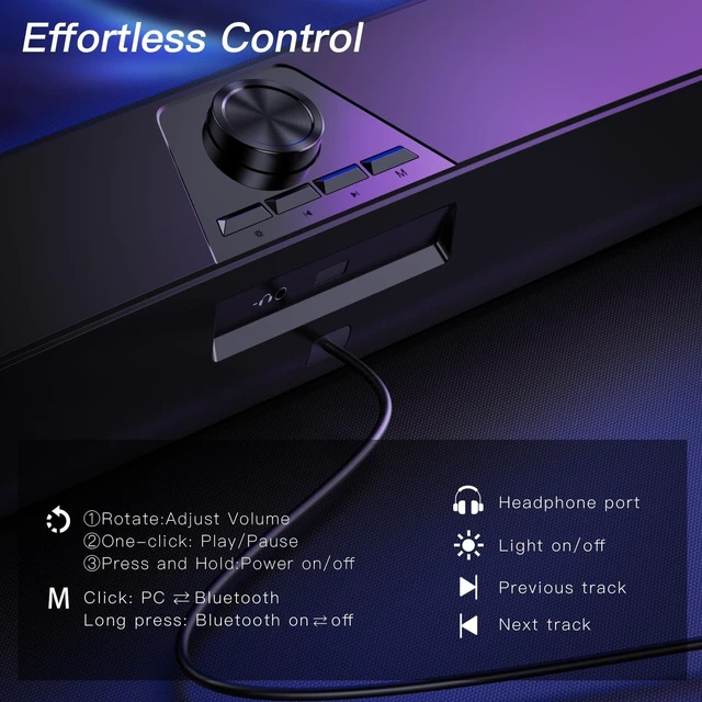 Alt view image 12 of 14 - Computer Speakers for Desktop,PC Speakers Gaming Sound bar with Colorful Light,USB Speaker With Bluetooth for PCs Desktop Laptop Tablets,Wired Bluetooth Speaker for Phones(Type-C Adapter Included)