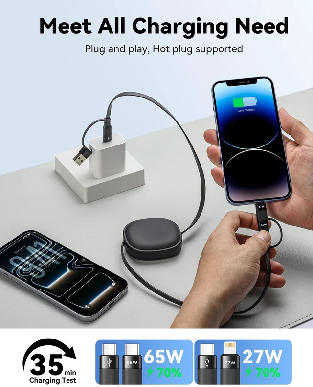 Alt view image 9 of 14 - 5 in 1 Multi Charging Cable, 2Pack Retractable Lightning Charger Cable 65W USB C to USB C Fast Charging,Multiple USBC Cord Multi Car Charger for iPhone 17/16/15/14 Pro Max,iPad,Samsung S25 S24,Tablets