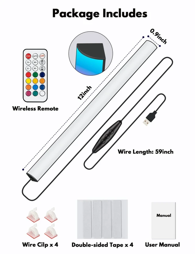 Alt view image 12 of 12 - Under Monitor RGB Light Bar, LED Light for Desk Gaming Setup, USB Powered Keyboard Light, 12 Inch 5V, 353 Color Change Modes, Wireless Remote, LED Ambient Lights for Room Decor, Desk Setup, PC