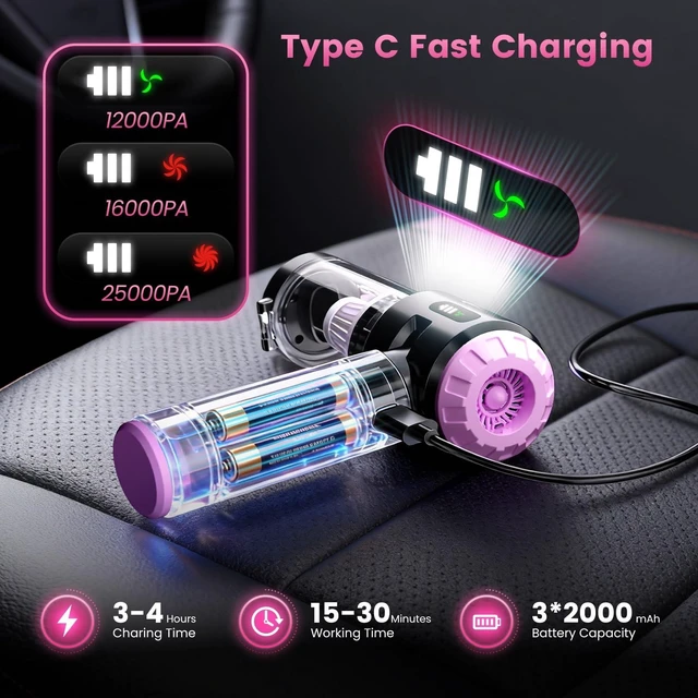 Alt view image 9 of 12 - Handheld Car Vacuum Cleaner,25000PA Strong Cyclonic Suction Foldable Mini Vacuum Portable Cordless with Digital Display and One Touch Dust Removal for Car, Home, Office, Kitchen (Purple)