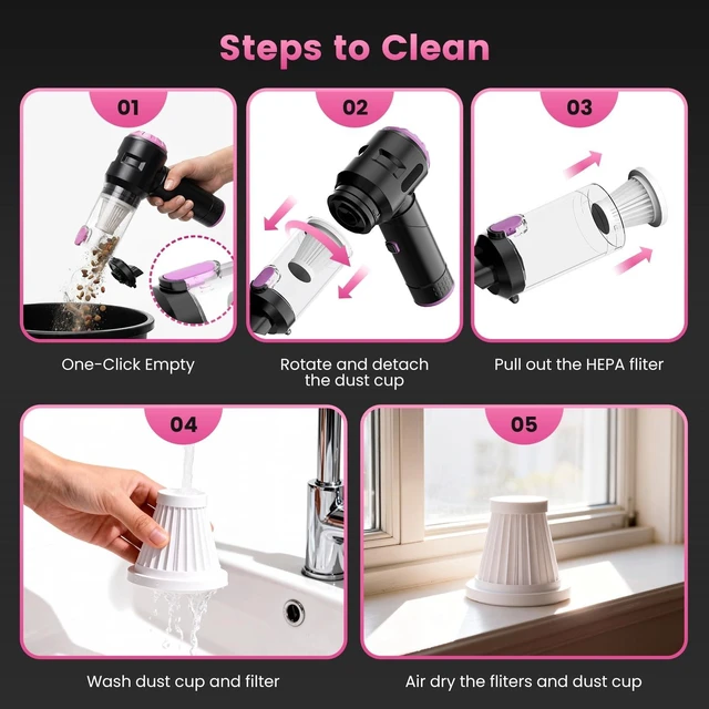 Alt view image 12 of 12 - Handheld Car Vacuum Cleaner,25000PA Strong Cyclonic Suction Foldable Mini Vacuum Portable Cordless with Digital Display and One Touch Dust Removal for Car, Home, Office, Kitchen (Purple)