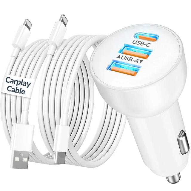 Alt view image 8 of 14 - 3-Port 70W Fast Car Charger for iPhone 14 13 12 11 Pro Max Plus Mini SE XR XS X 8 7 6, iPad, 2Pack USB Carplay Cord &Lightnings Charging Cable and USB-C&A Car Charger Adapter Cigarette Lighter