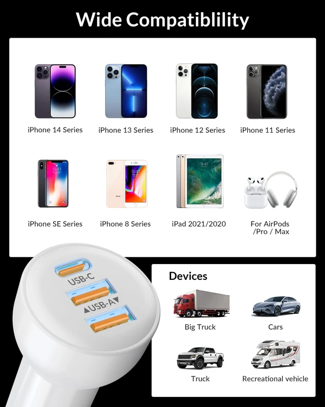 Alt view image 14 of 14 - 3-Port 70W Fast Car Charger for iPhone 14 13 12 11 Pro Max Plus Mini SE XR XS X 8 7 6, iPad, 2Pack USB Carplay Cord &Lightnings Charging Cable and USB-C&A Car Charger Adapter Cigarette Lighter