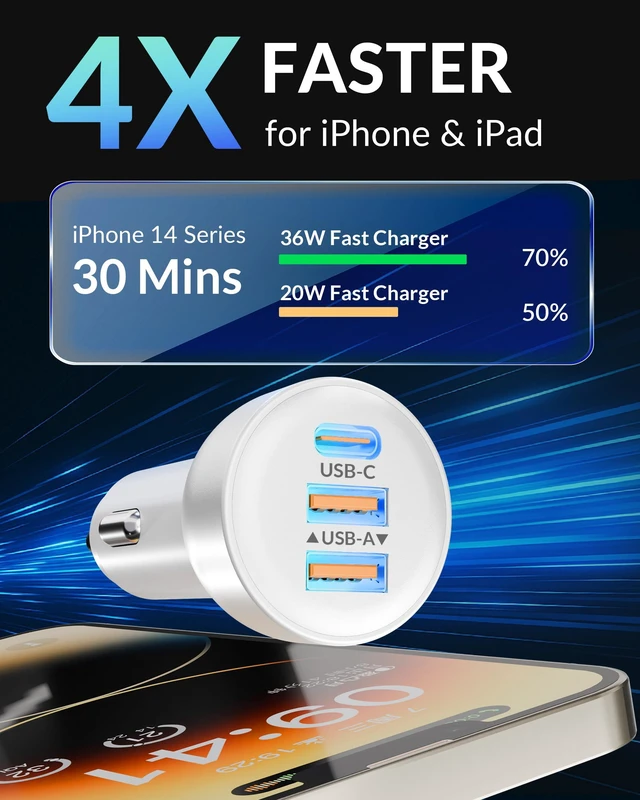 Alt view image 10 of 14 - 3-Port 70W Fast Car Charger for iPhone 14 13 12 11 Pro Max Plus Mini SE XR XS X 8 7 6, iPad, 2Pack USB Carplay Cord &Lightnings Charging Cable and USB-C&A Car Charger Adapter Cigarette Lighter