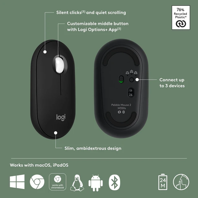 Alt view image 13 of 14 - M350s Pebble 2 Bluetooth Wireless Mouse - Black | Slim, portable, lightweight, customizable button, quiet clicks, easy-switch for Windows, macOS, iPadOS, Android, Chrome OS