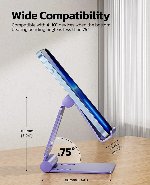 Alt view image 8 of 12 - Dual Folding Cell Phone Stand, Fully Adjustable Foldable Desktop Phone Holder Cradle Dock Compatible with iPhone 17 16 15 14 13 12 11 Pro Max Xs Xr X 8, Nintendo Switch, All Phones - Purple
