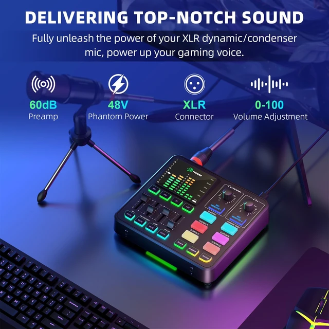 Alt view image 9 of 14 - Gaming Audio Mixer, Audio Interface for PC/Podcast/Streaming, Sound Board with 3.5mm/XLR Mic Input, 48V Phantom Power, Voice Changer, Live Sound Card with DJ Mixer Effects/Bluetooth/4 Channel