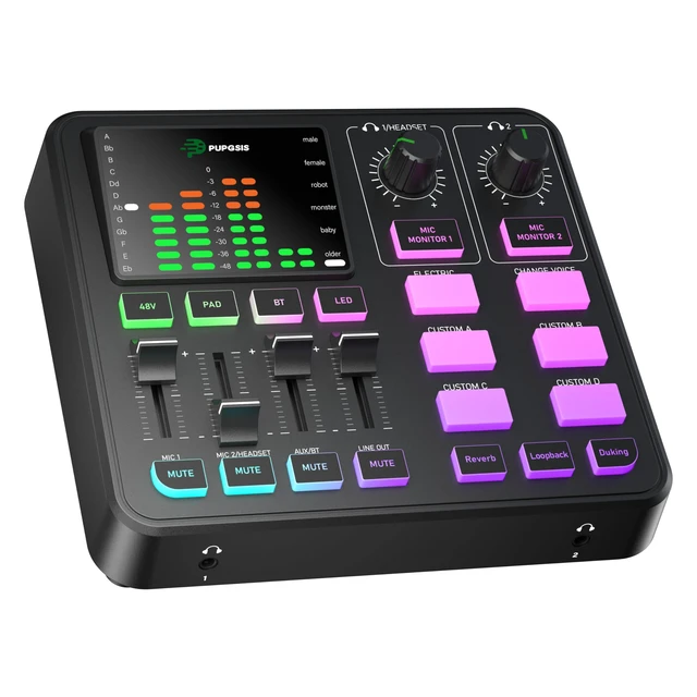 Alt view image 8 of 14 - Gaming Audio Mixer, Audio Interface for PC/Podcast/Streaming, Sound Board with 3.5mm/XLR Mic Input, 48V Phantom Power, Voice Changer, Live Sound Card with DJ Mixer Effects/Bluetooth/4 Channel