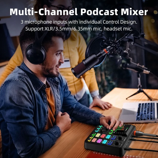 Alt view image 10 of 14 - Gaming Audio Mixer, Audio Interface for PC/Podcast/Streaming, Sound Board with 3.5mm/XLR Mic Input, 48V Phantom Power, Voice Changer, Live Sound Card with DJ Mixer Effects/Bluetooth/4 Channel
