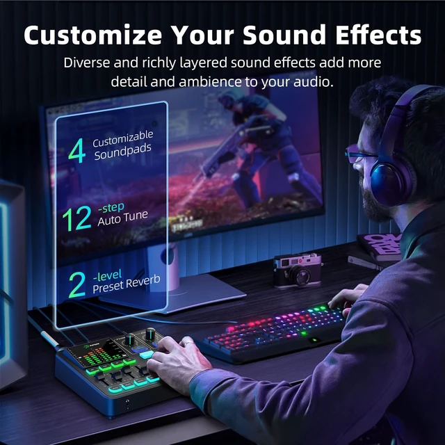 Alt view image 11 of 14 - Gaming Audio Mixer, Audio Interface for PC/Podcast/Streaming, Sound Board with 3.5mm/XLR Mic Input, 48V Phantom Power, Voice Changer, Live Sound Card with DJ Mixer Effects/Bluetooth/4 Channel