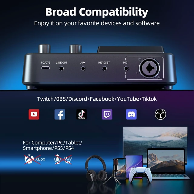 Alt view image 14 of 14 - Gaming Audio Mixer, Audio Interface for PC/Podcast/Streaming, Sound Board with 3.5mm/XLR Mic Input, 48V Phantom Power, Voice Changer, Live Sound Card with DJ Mixer Effects/Bluetooth/4 Channel