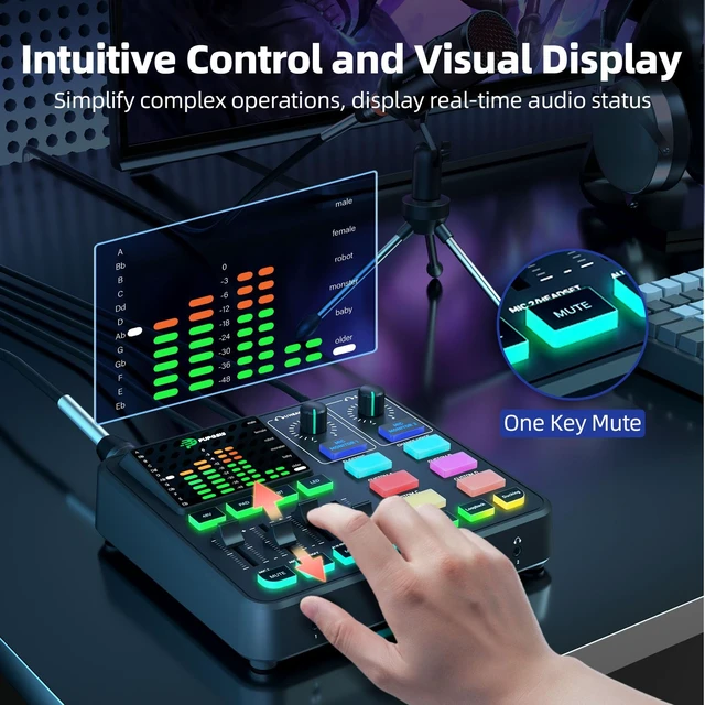 Alt view image 13 of 14 - Gaming Audio Mixer, Audio Interface for PC/Podcast/Streaming, Sound Board with 3.5mm/XLR Mic Input, 48V Phantom Power, Voice Changer, Live Sound Card with DJ Mixer Effects/Bluetooth/4 Channel