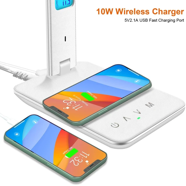 Alt view image 11 of 14 - Desk Lamp with Wireless Charger, USB Charging Port, Dimmable Office Desk Light with Clock, Alarm, Date, Temperature, Foldable Lamp for Table Bedroom Bedside Office (White)
