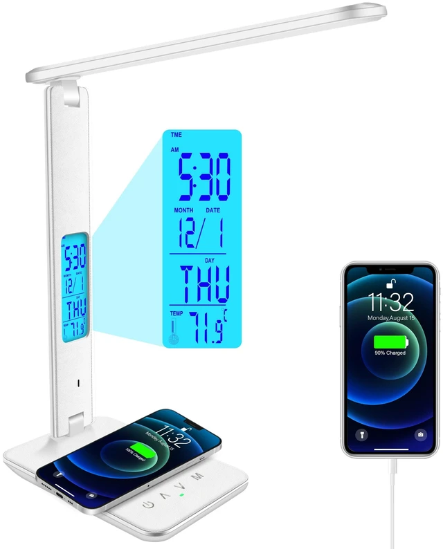 Alt view image 8 of 14 - Desk Lamp with Wireless Charger, USB Charging Port, Dimmable Office Desk Light with Clock, Alarm, Date, Temperature, Foldable Lamp for Table Bedroom Bedside Office (White)