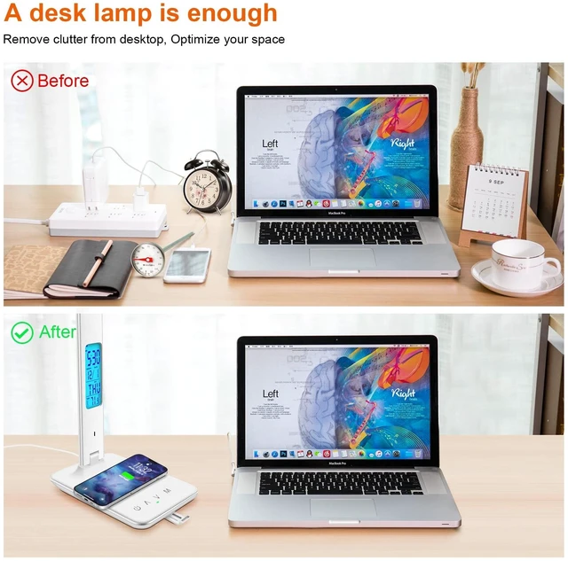 Alt view image 9 of 14 - Desk Lamp with Wireless Charger, USB Charging Port, Dimmable Office Desk Light with Clock, Alarm, Date, Temperature, Foldable Lamp for Table Bedroom Bedside Office (White)