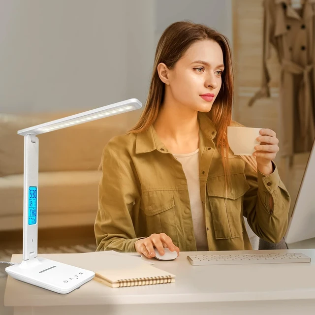Alt view image 14 of 14 - Desk Lamp with Wireless Charger, USB Charging Port, Dimmable Office Desk Light with Clock, Alarm, Date, Temperature, Foldable Lamp for Table Bedroom Bedside Office (White)