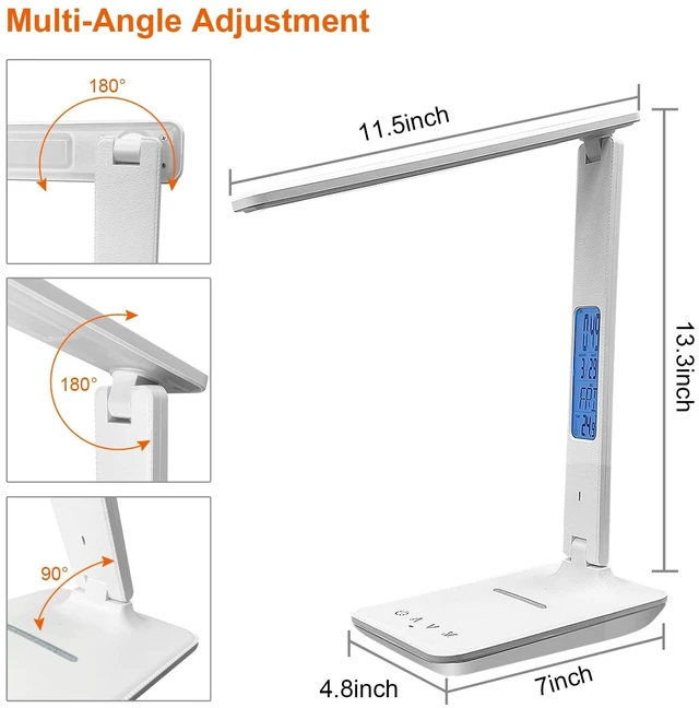 Alt view image 12 of 14 - Desk Lamp with Wireless Charger, USB Charging Port, Dimmable Office Desk Light with Clock, Alarm, Date, Temperature, Foldable Lamp for Table Bedroom Bedside Office (White)