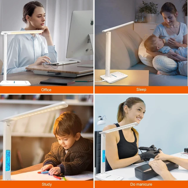 Alt view image 13 of 14 - Desk Lamp with Wireless Charger, USB Charging Port, Dimmable Office Desk Light with Clock, Alarm, Date, Temperature, Foldable Lamp for Table Bedroom Bedside Office (White)