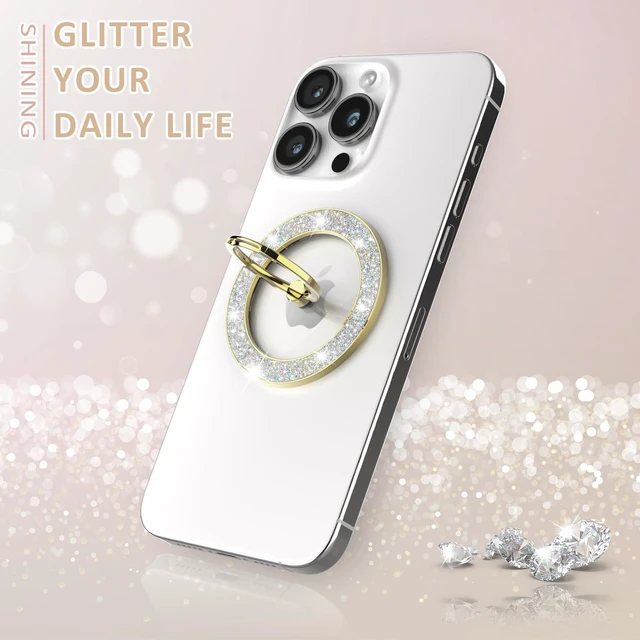 Alt view image 8 of 12 - Magnetic Phone Ring Holder for MagSafe, Glitter Phone Grip Stand | 360° Rotation Finger Ring Kickstand Compatible with iPhone MagSafe Accessories, Glitter Gold
