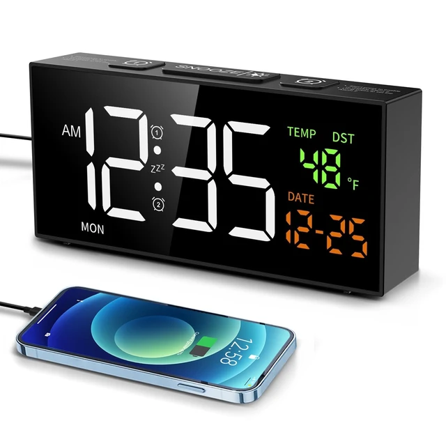 Alt view image 8 of 14 - Alarm Clocks for Bedrooms, Digital Clock with Date Temperature and Weekday, Manual DST, Snooze, 2 Alarms, 4 Volumes for Living Room Home Bedside Desk (Black)