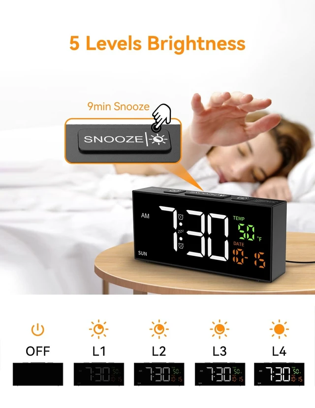 Alt view image 12 of 14 - Alarm Clocks for Bedrooms, Digital Clock with Date Temperature and Weekday, Manual DST, Snooze, 2 Alarms, 4 Volumes for Living Room Home Bedside Desk (Black)