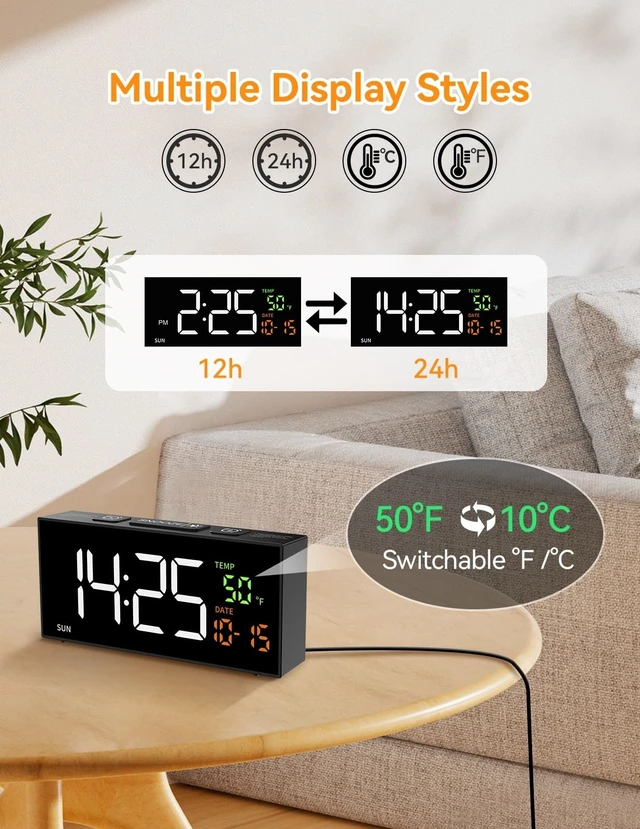 Alt view image 13 of 14 - Alarm Clocks for Bedrooms, Digital Clock with Date Temperature and Weekday, Manual DST, Snooze, 2 Alarms, 4 Volumes for Living Room Home Bedside Desk (Black)