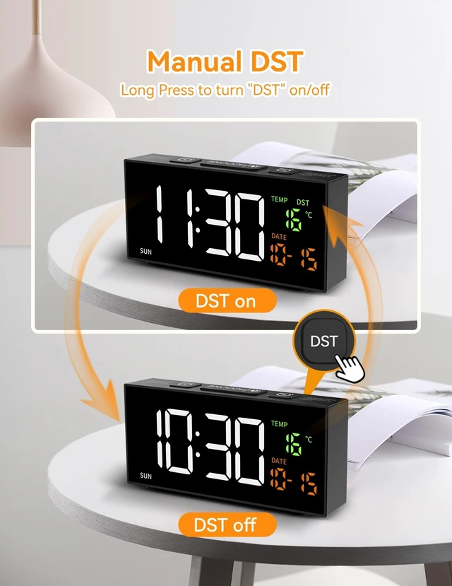 Alt view image 14 of 14 - Alarm Clocks for Bedrooms, Digital Clock with Date Temperature and Weekday, Manual DST, Snooze, 2 Alarms, 4 Volumes for Living Room Home Bedside Desk (Black)