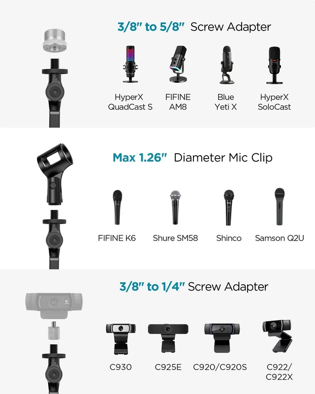 Alt view image 12 of 12 - Studio Mic Stand, Max Load 2.64 lb Microphone Arm Desk Mount Desktop Microphone Stand for Fifine AM8 K669B Blue Yeti HyperX QuadCast SoloCast AT2020, Webcams Cameras, Black