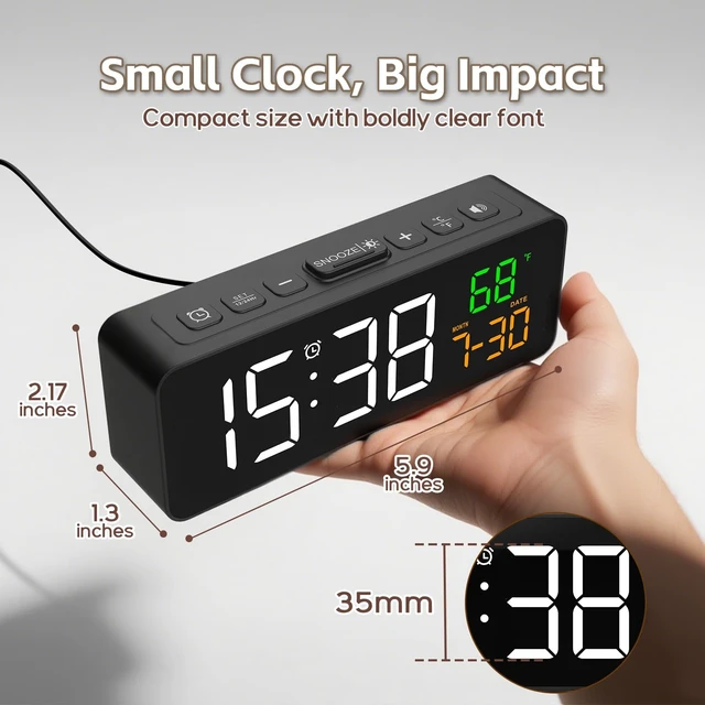 Alt view image 9 of 14 - 3-in-1 Digital Clocks for Living Room with Temperature, Date & Time Display - 4 Levels Birghtness, 3 Volumes, Small & Compact Plug-in Alarm Clock for Bedroom, Office (Black)