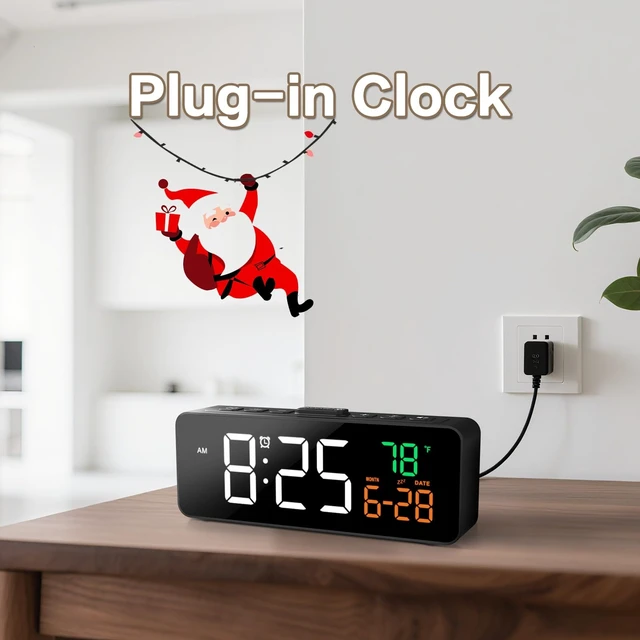 Alt view image 10 of 14 - 3-in-1 Digital Clocks for Living Room with Temperature, Date & Time Display - 4 Levels Birghtness, 3 Volumes, Small & Compact Plug-in Alarm Clock for Bedroom, Office (Black)