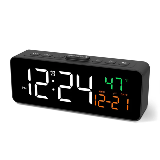 Alt view image 8 of 14 - 3-in-1 Digital Clocks for Living Room with Temperature, Date & Time Display - 4 Levels Birghtness, 3 Volumes, Small & Compact Plug-in Alarm Clock for Bedroom, Office (Black)