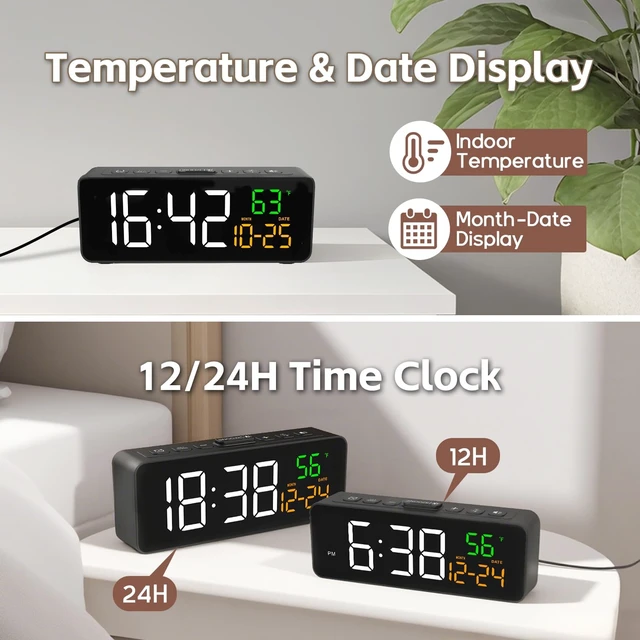 Alt view image 12 of 14 - 3-in-1 Digital Clocks for Living Room with Temperature, Date & Time Display - 4 Levels Birghtness, 3 Volumes, Small & Compact Plug-in Alarm Clock for Bedroom, Office (Black)