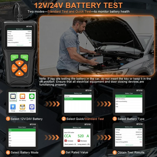 Alt view image 11 of 14 - 12V/24V Car Battery Load Tester Automotive 100-2000 CCA Alternator & Charging Analyzer, QR Code Cloud Report No App Needed, for Car Truck SUV Motorcycle Snowmobile Boat