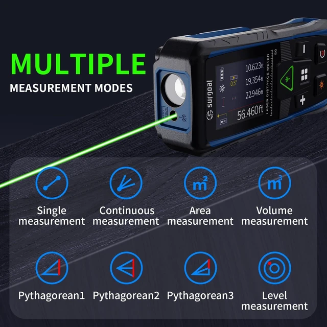 Alt view image 9 of 14 - Green Laser Distance Meter Digital Laser Measure with Angle Sensor, 4-Way Rotating Backlit LCD, Pythagorean Mode, Unit Switch, ±3mm Accuracy, Handheld Measuring Tool 165FT