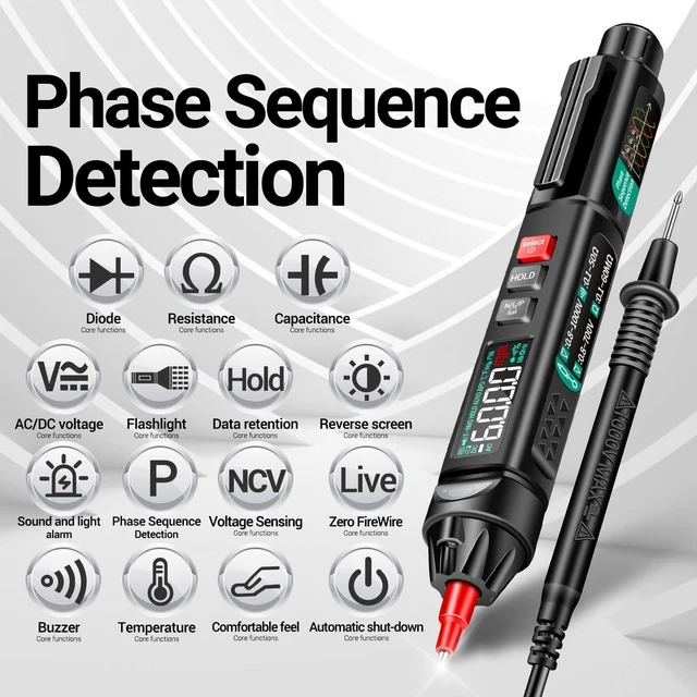 Alt view image 9 of 14 - Pen Type Digital Multimeter AC/DC Voltage Tester 6000 Counts Intelligent Professional Current Meter Non-Contact Voltmeter Sensor Pen Test with Resistance Continuity Capacitance Diode Live Wire