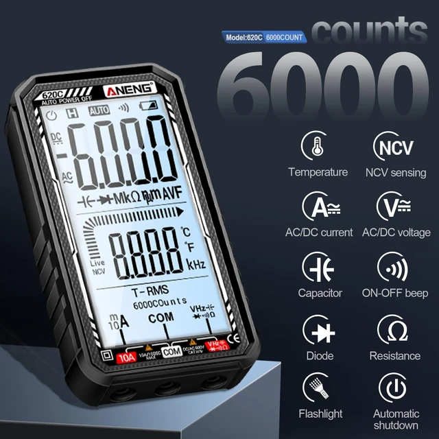 Alt view image 9 of 14 - Digital Multimeter Tester, Smart Digital Multimeter 6000 Counts with Auto Ranging Digital Voltmeter Measures Voltage Current Resistance Continuity for Electricians,DIY (620C Black)