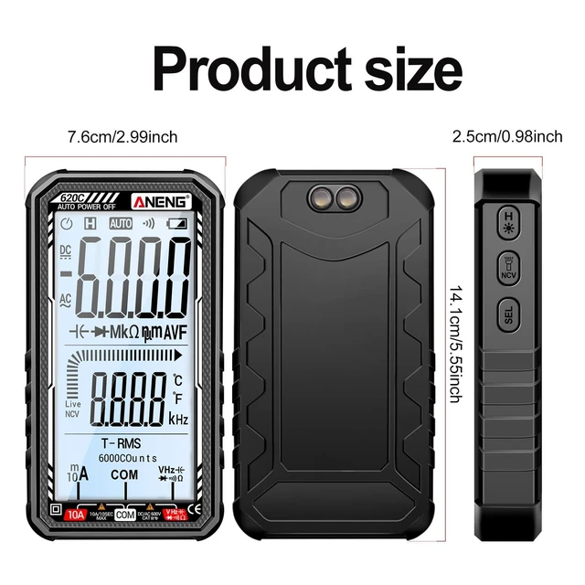 Alt view image 10 of 14 - Digital Multimeter Tester, Smart Digital Multimeter 6000 Counts with Auto Ranging Digital Voltmeter Measures Voltage Current Resistance Continuity for Electricians,DIY (620C Black)