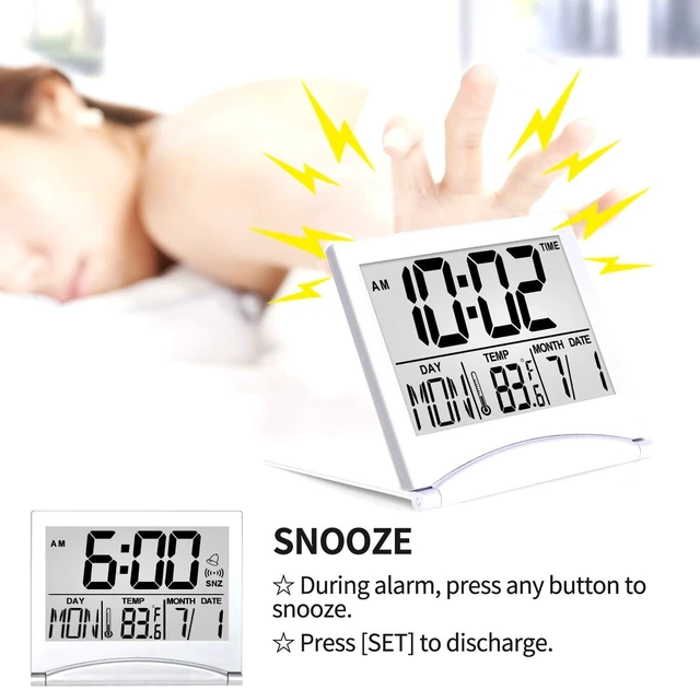 Alt view image 9 of 12 - Digital Travel Alarm Clock - Foldable Calendar Temperature Timer LCD Clock with Snooze Mode - Large Number Display, Battery Operated - Compact Desk Clock(Silver, No Backlight)