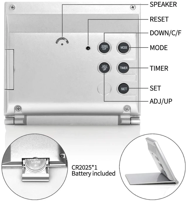 Alt view image 8 of 12 - Digital Travel Alarm Clock - Foldable Calendar Temperature Timer LCD Clock with Snooze Mode - Large Number Display, Battery Operated - Compact Desk Clock(Silver, No Backlight)