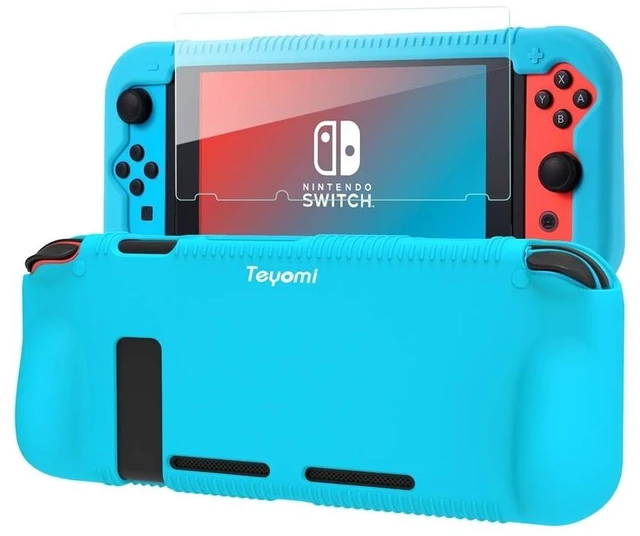 Alt view image 8 of 14 - Protective Silicone Case for Nintendo Switch, Grip Cover with Tempered Glass Screen Protector, 2 Storage Slots for Game Cards, Shock-Absorption & Anti-Scratch (Blue)