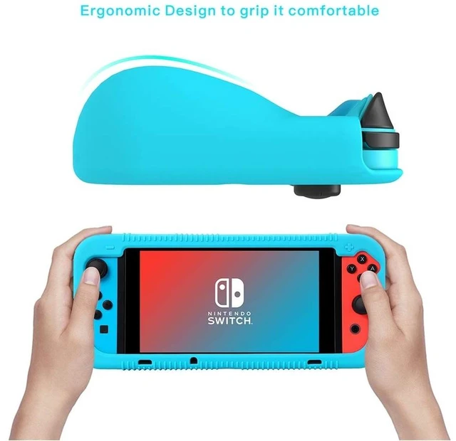 Alt view image 9 of 14 - Protective Silicone Case for Nintendo Switch, Grip Cover with Tempered Glass Screen Protector, 2 Storage Slots for Game Cards, Shock-Absorption & Anti-Scratch (Blue)