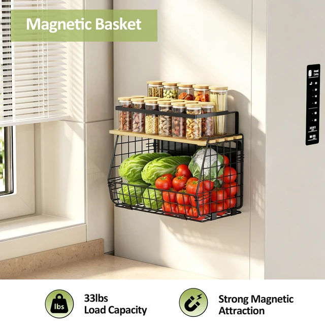 Alt view image 9 of 14 - Magnetic Shelf for Fridge: Fruit Potato and Onion Storage Bin - Magnetic Spice Rack for Refrigerator & Kitchen Counter - Pantry Organizers and Storage