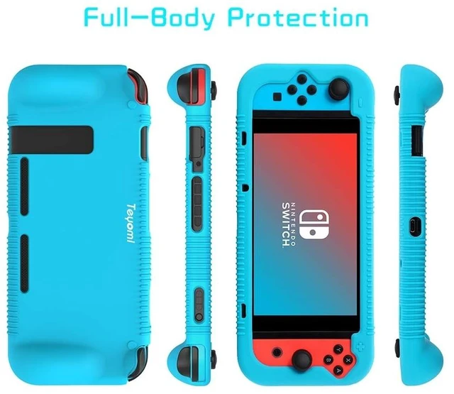 Alt view image 12 of 14 - Protective Silicone Case for Nintendo Switch, Grip Cover with Tempered Glass Screen Protector, 2 Storage Slots for Game Cards, Shock-Absorption & Anti-Scratch (Blue)