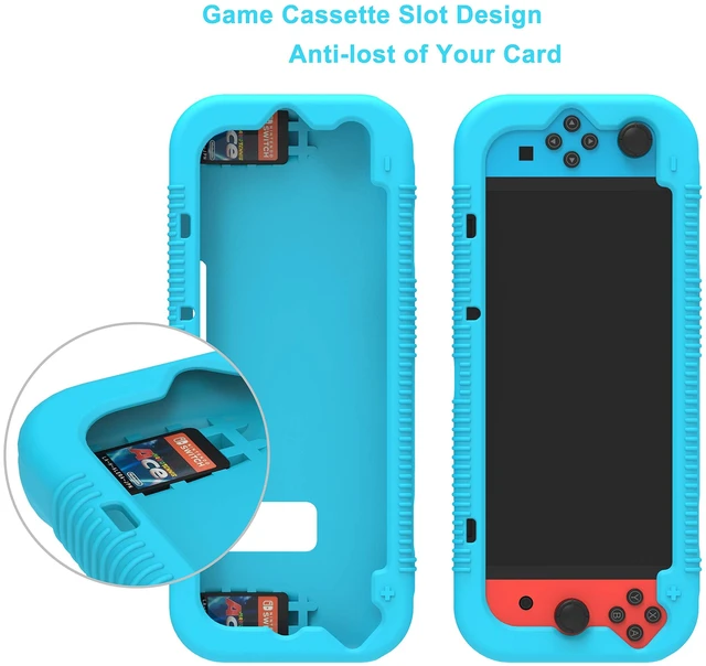 Alt view image 10 of 14 - Protective Silicone Case for Nintendo Switch, Grip Cover with Tempered Glass Screen Protector, 2 Storage Slots for Game Cards, Shock-Absorption & Anti-Scratch (Blue)
